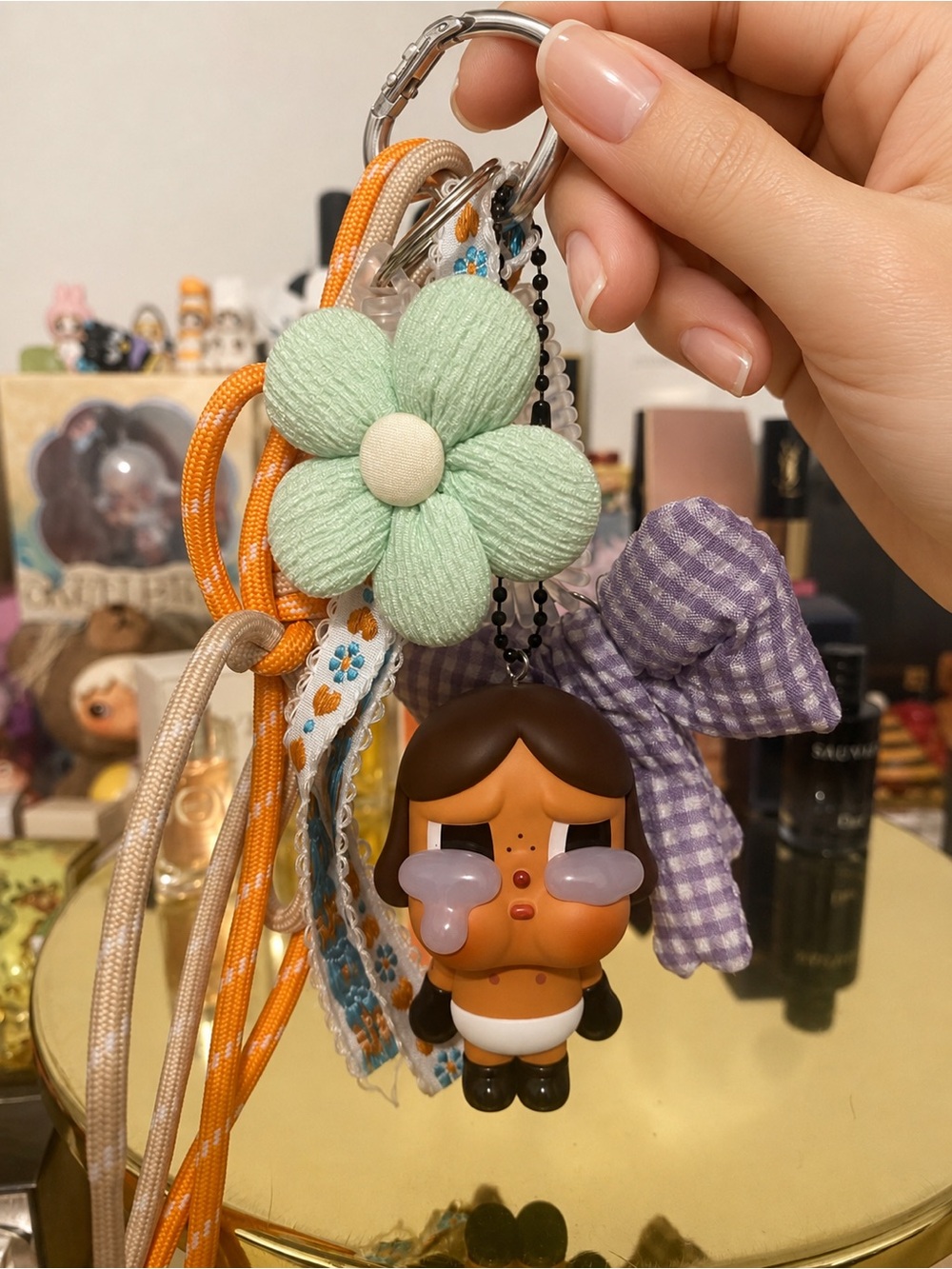 Cry baby Charm Keychain with Lavender Bow and Mint Flower